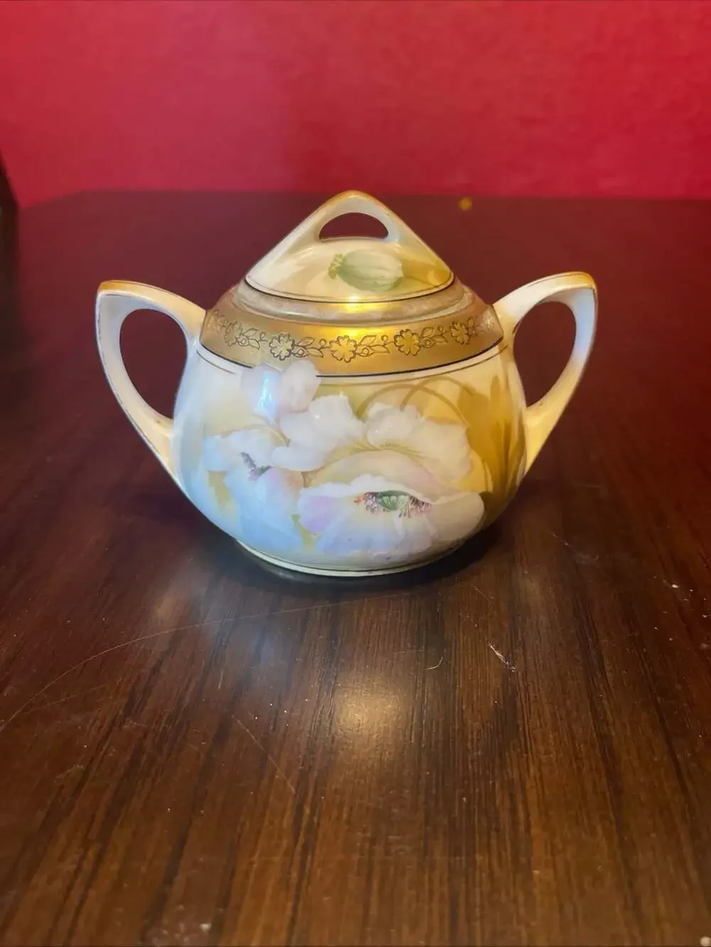 Antique RS Germany Porcelain Sugar Bowl with Lid in Floral Pattern